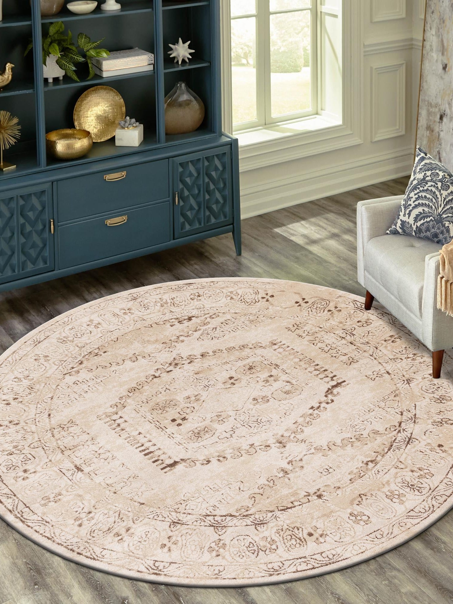 Beige 8' x 8' Utopia Round Area Rug Traditional Vintage Persian Inspired Vivid Color Durable Carpet for Unique Interiors for Sale at Rug Engine