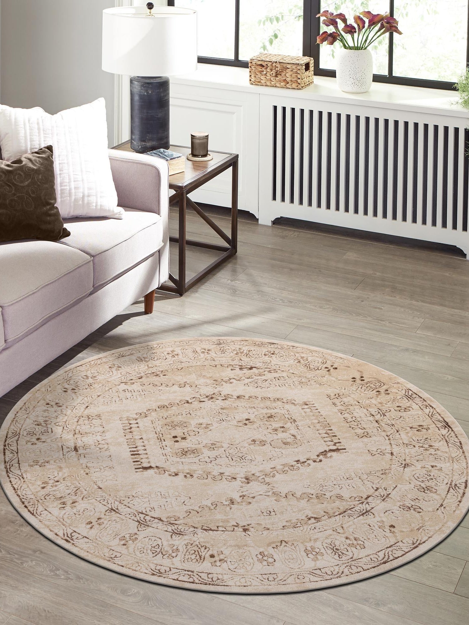 Beige 8' x 8' Utopia Round Area Rug Traditional Vintage Persian Inspired Vivid Color Durable Carpet for Unique Interiors for Sale at Rug Engine