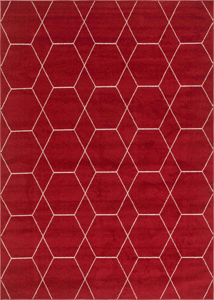 Red 7' 10 x 11' Trellis Frieze Rectangle Area Rug Geometric Modern Unique Stain Resistant Easy Clean Carpet for Living, Dining, Bedrooms, Office for Sale at Rug Engine