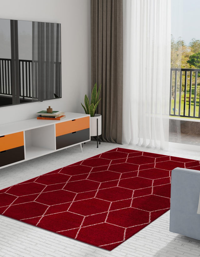 Red 7' 1 x 10' Trellis Frieze Rectangle Area Rug Geometric Modern Unique Stain Resistant Easy Clean Carpet for Living, Dining, Bedrooms, Office for Sale at Rug Engine