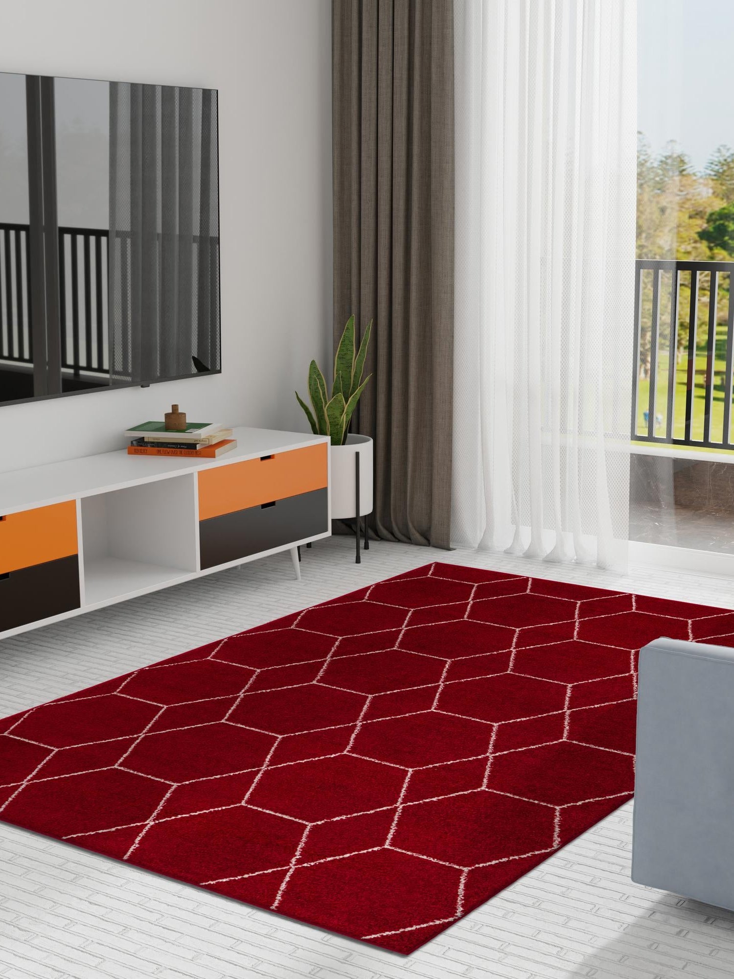 Red 7' 10 x 10' Trellis Frieze Rectangle Area Rug Geometric Modern Unique Stain Resistant Easy Clean Carpet for Living, Dining, Bedrooms, Office for Sale at Rug Engine