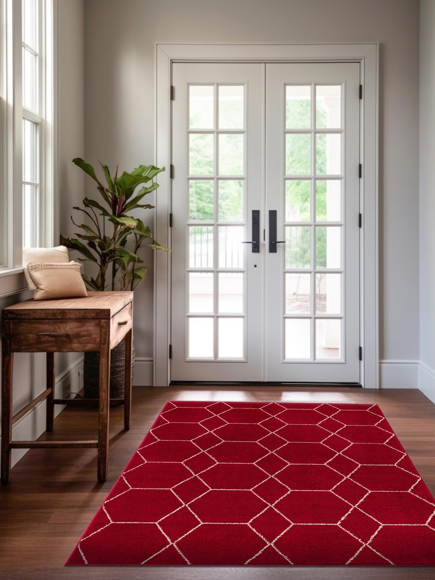 Red 7' 1 x 10' Trellis Frieze Rectangle Area Rug Geometric Modern Unique Stain Resistant Easy Clean Carpet for Living, Dining, Bedrooms, Office for Sale at Rug Engine