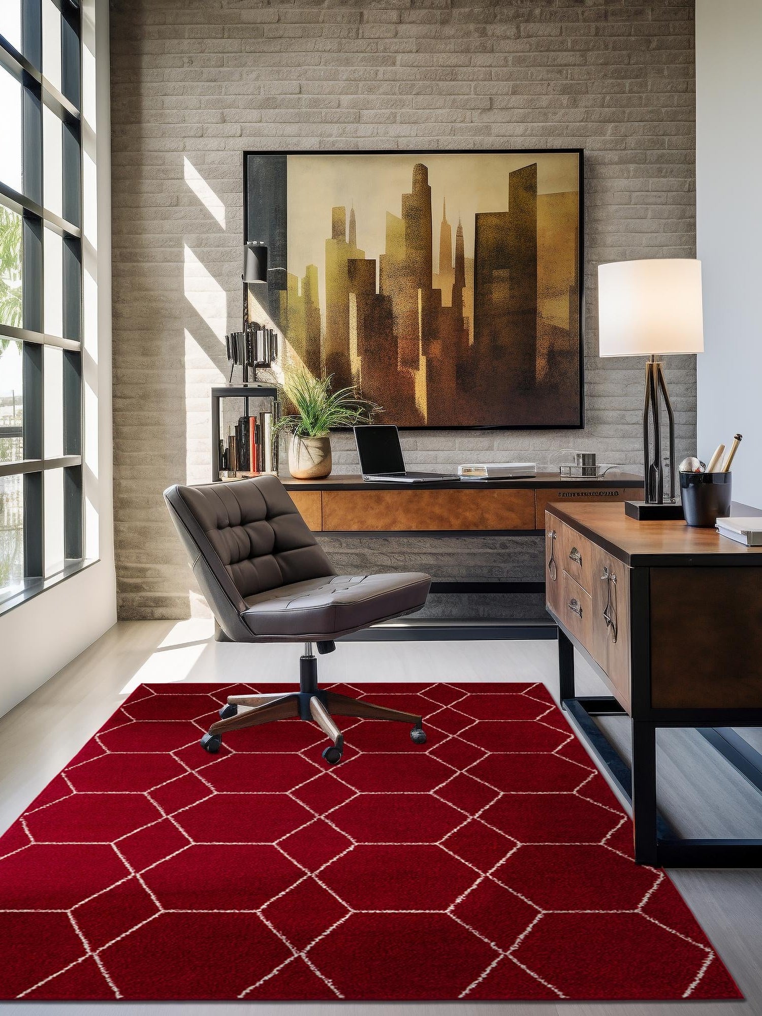 Red 5' 3 x 8' Trellis Frieze Rectangle Area Rug Geometric Modern Unique Stain Resistant Easy Clean Carpet for Living, Dining, Bedrooms, Office for Sale at Rug Engine