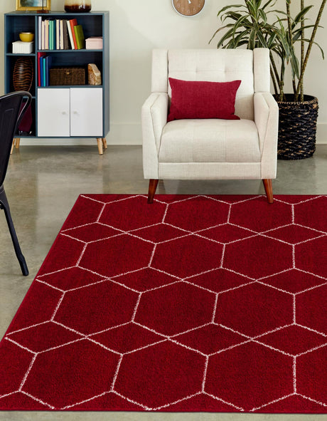 Red 6' 1 x 9' Trellis Frieze Rectangle Area Rug Geometric Modern Unique Stain Resistant Easy Clean Carpet for Living, Dining, Bedrooms, Office for Sale at Rug Engine