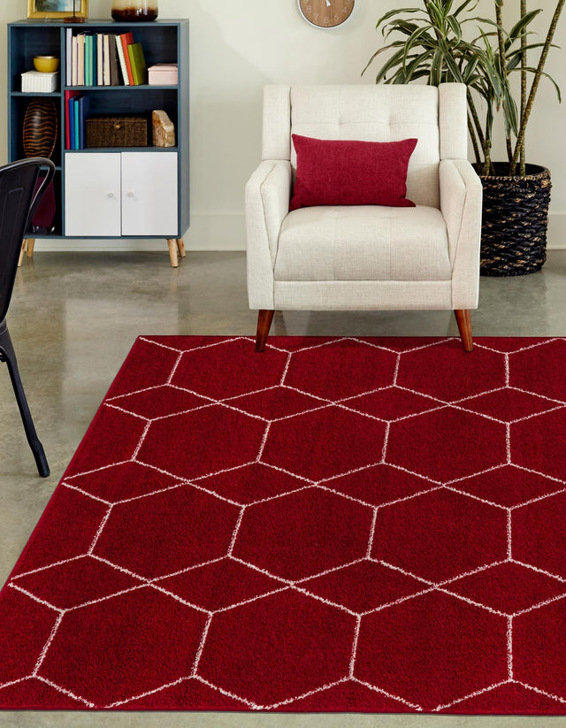 Red 7' 10 x 10' Trellis Frieze Rectangle Area Rug Geometric Modern Unique Stain Resistant Easy Clean Carpet for Living, Dining, Bedrooms, Office for Sale at Rug Engine
