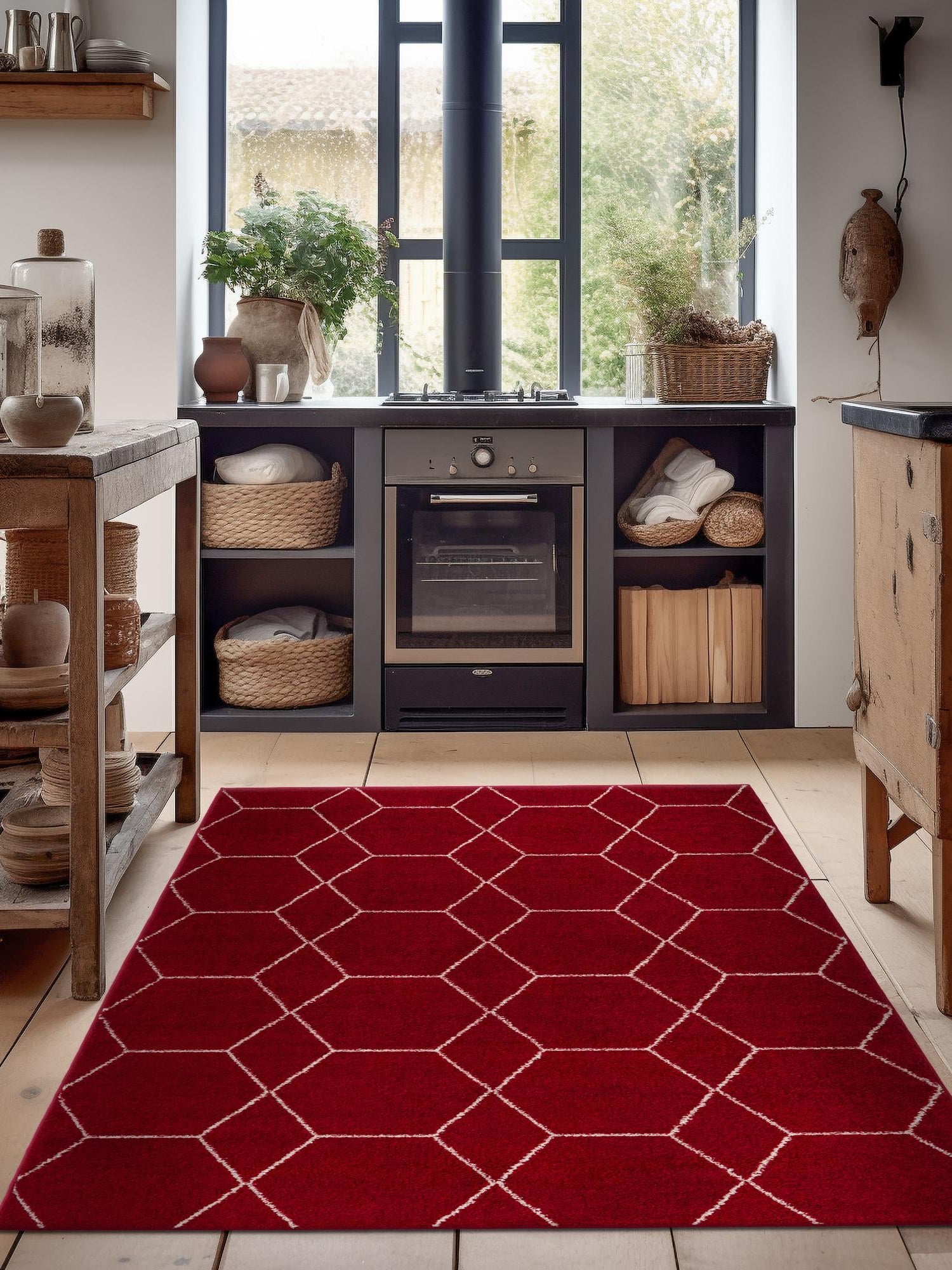 Red 2' x 3' 1 Trellis Frieze Rectangle Area Rug Geometric Modern Unique Stain Resistant Easy Clean Carpet for Living, Dining, Bedrooms, Office for Sale at Rug Engine