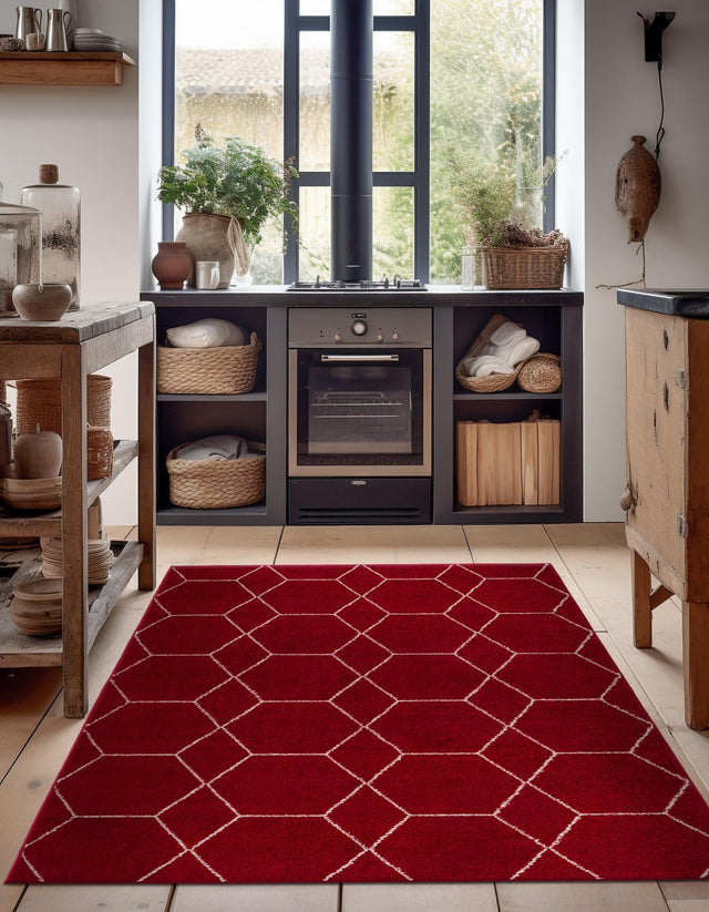 Red 7' 1 x 10' Trellis Frieze Rectangle Area Rug Geometric Modern Unique Stain Resistant Easy Clean Carpet for Living, Dining, Bedrooms, Office for Sale at Rug Engine