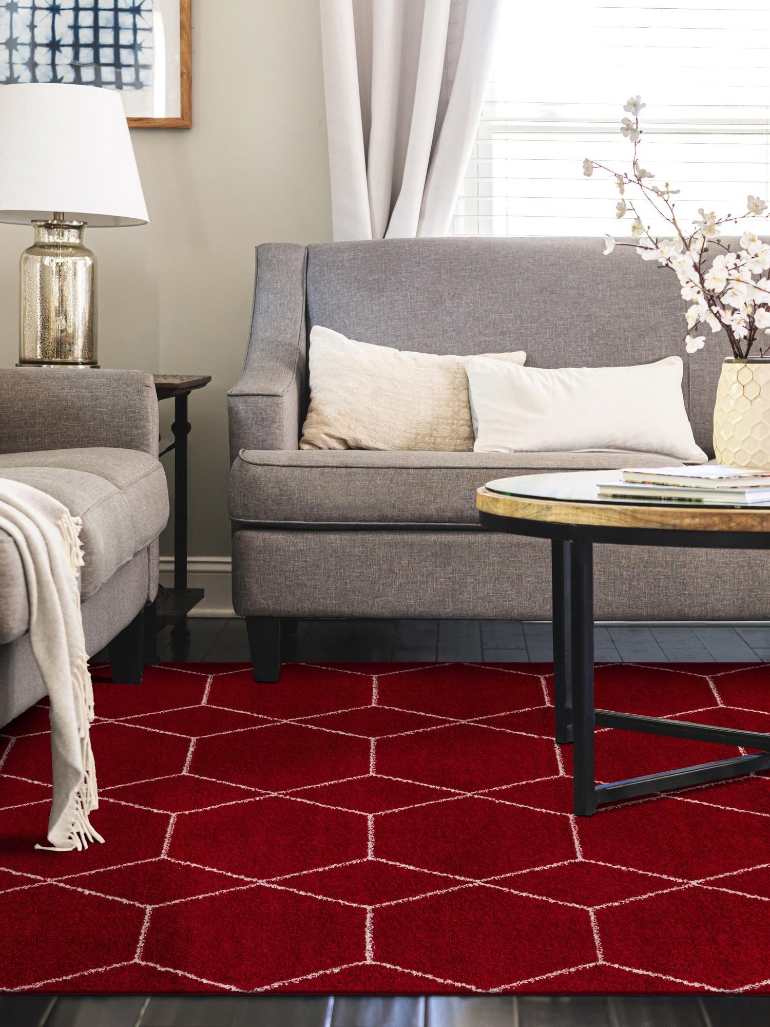 Red 9' x 12' Trellis Frieze Rectangle Area Rug Geometric Modern Unique Stain Resistant Easy Clean Carpet for Living, Dining, Bedrooms, Office for Sale at Rug Engine