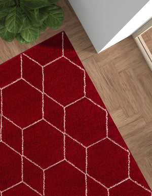 Red 7' 10 x 11' Trellis Frieze Rectangle Area Rug Geometric Modern Unique Stain Resistant Easy Clean Carpet for Living, Dining, Bedrooms, Office for Sale at Rug Engine
