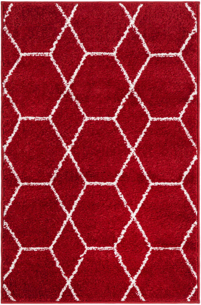 Red 2' x 3' 1 Trellis Frieze Rectangle Area Rug Geometric Modern Unique Stain Resistant Easy Clean Carpet for Living, Dining, Bedrooms, Office for Sale at Rug Engine