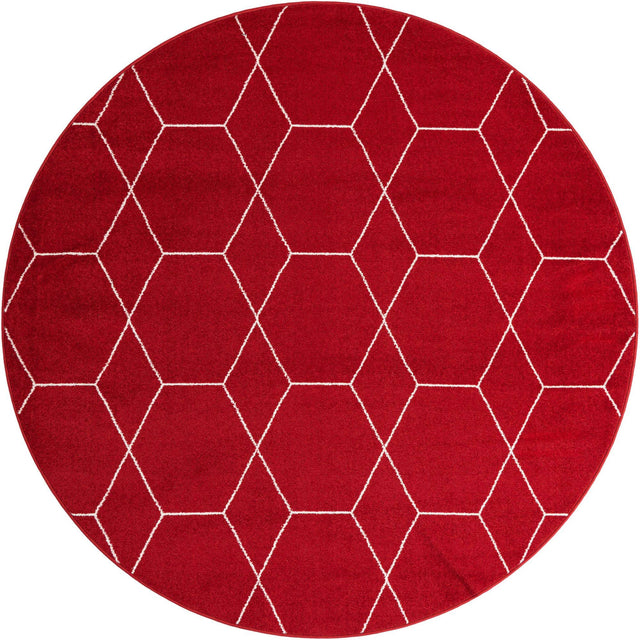 Red 7' 10 x 7' 10 Trellis Frieze Round Area Rug Geometric Modern Unique Stain Resistant Easy Clean Carpet for Living, Dining, Bedrooms, Office for Sale at Rug Engine