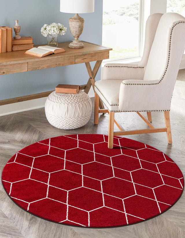 Red 5' 3 x 5' 3 Trellis Frieze Round Area Rug Geometric Modern Unique Stain Resistant Easy Clean Carpet for Living, Dining, Bedrooms, Office for Sale at Rug Engine