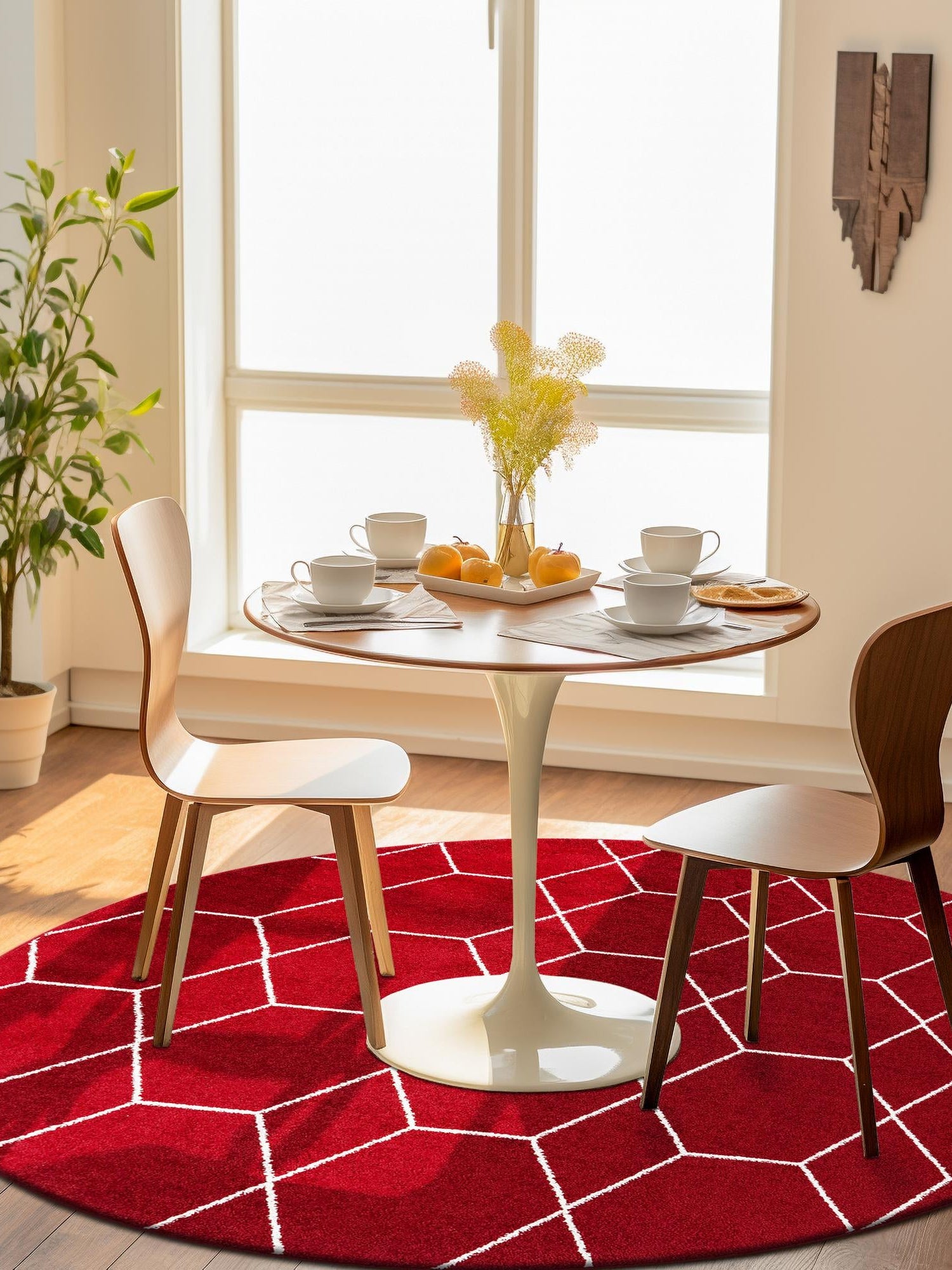 Red 7' 10 x 7' 10 Trellis Frieze Round Area Rug Geometric Modern Unique Stain Resistant Easy Clean Carpet for Living, Dining, Bedrooms, Office for Sale at Rug Engine