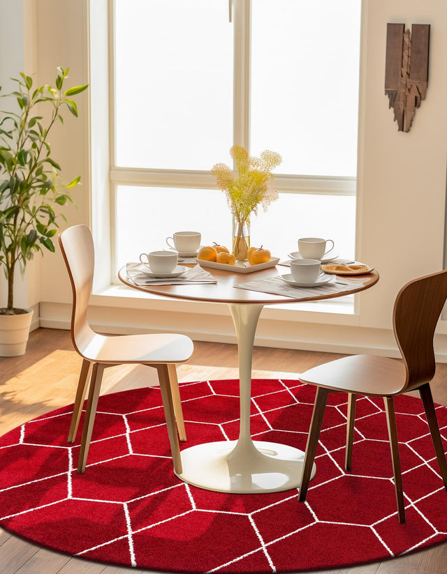 Red 7' 10 x 7' 10 Trellis Frieze Round Area Rug Geometric Modern Unique Stain Resistant Easy Clean Carpet for Living, Dining, Bedrooms, Office for Sale at Rug Engine