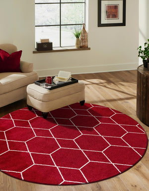 Red 5' 3 x 5' 3 Trellis Frieze Round Area Rug Geometric Modern Unique Stain Resistant Easy Clean Carpet for Living, Dining, Bedrooms, Office for Sale at Rug Engine