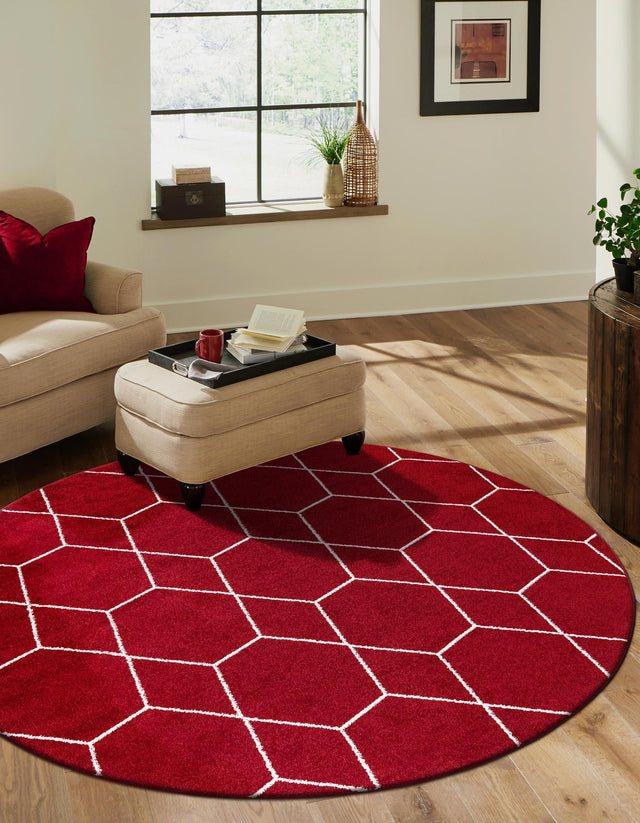 Red 4' 1 x 4' 1 Trellis Frieze Round Area Rug Geometric Modern Unique Stain Resistant Easy Clean Carpet for Living, Dining, Bedrooms, Office for Sale at Rug Engine