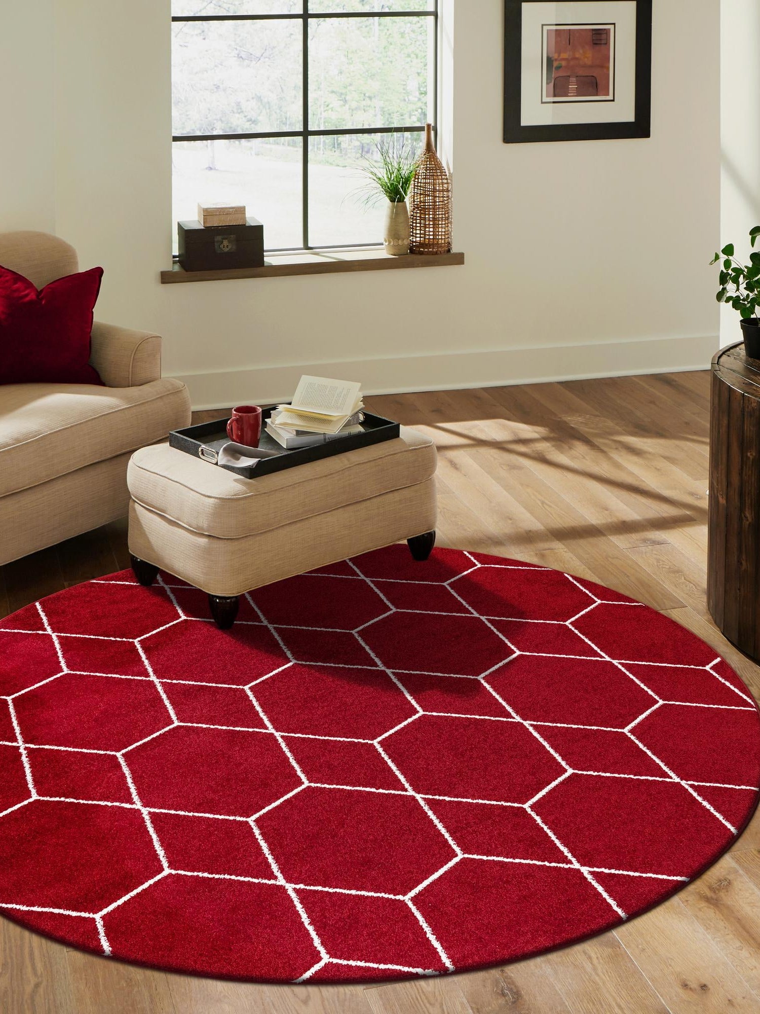 Red 7' 10 x 7' 10 Trellis Frieze Round Area Rug Geometric Modern Unique Stain Resistant Easy Clean Carpet for Living, Dining, Bedrooms, Office for Sale at Rug Engine