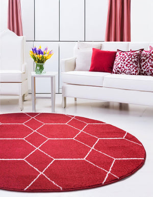 Red 4' 1 x 4' 1 Trellis Frieze Round Area Rug Geometric Modern Unique Stain Resistant Easy Clean Carpet for Living, Dining, Bedrooms, Office for Sale at Rug Engine