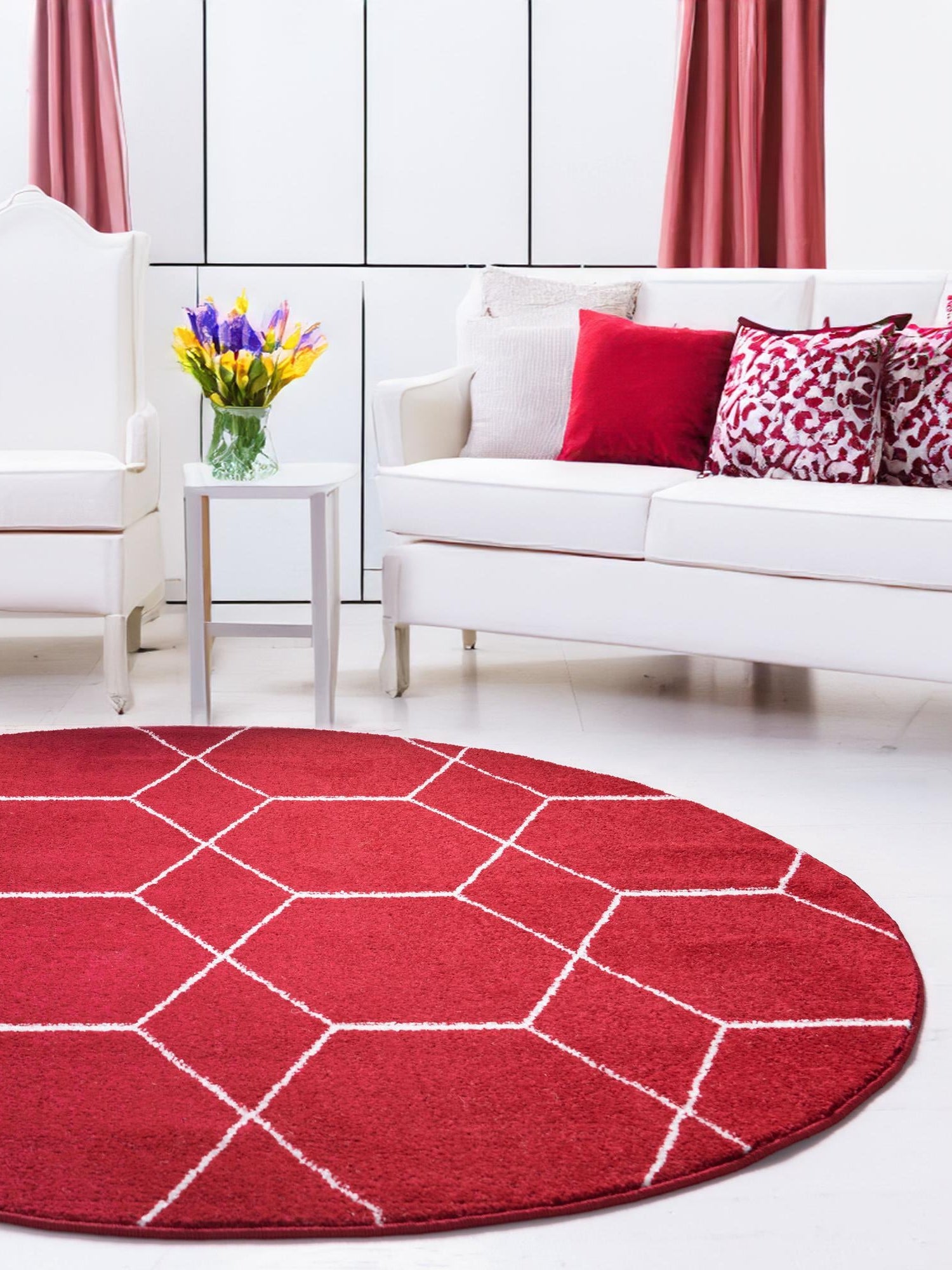 Red 7' 10 x 7' 10 Trellis Frieze Round Area Rug Geometric Modern Unique Stain Resistant Easy Clean Carpet for Living, Dining, Bedrooms, Office for Sale at Rug Engine