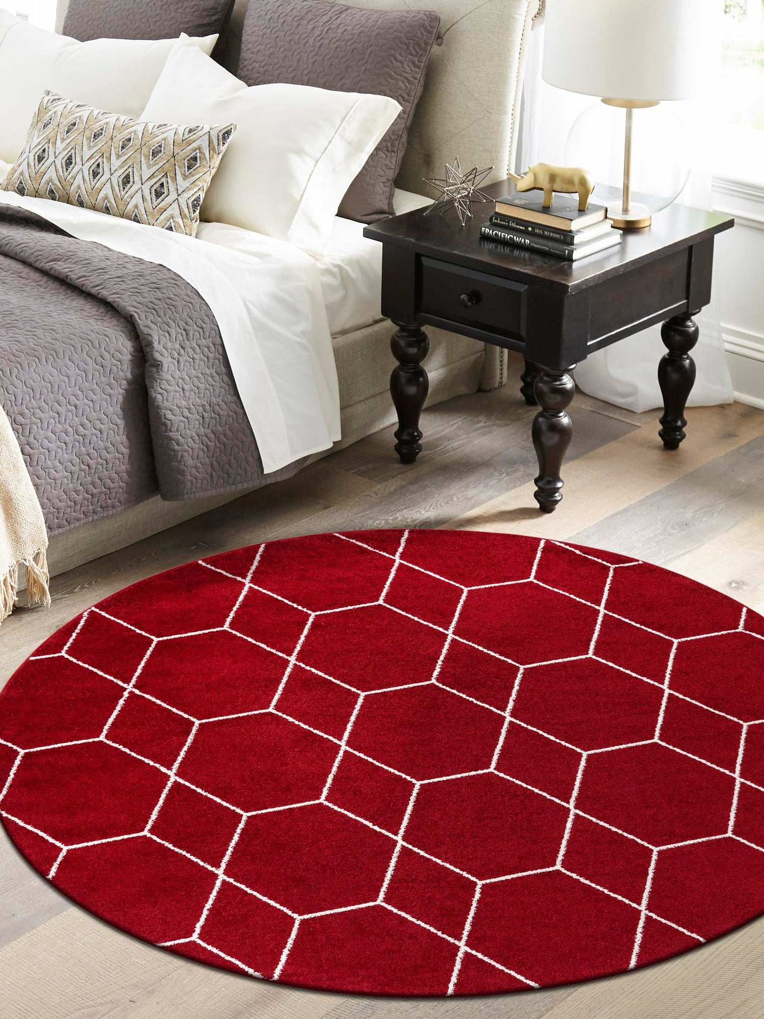 Red 4' 1 x 4' 1 Trellis Frieze Round Area Rug Geometric Modern Unique Stain Resistant Easy Clean Carpet for Living, Dining, Bedrooms, Office for Sale at Rug Engine