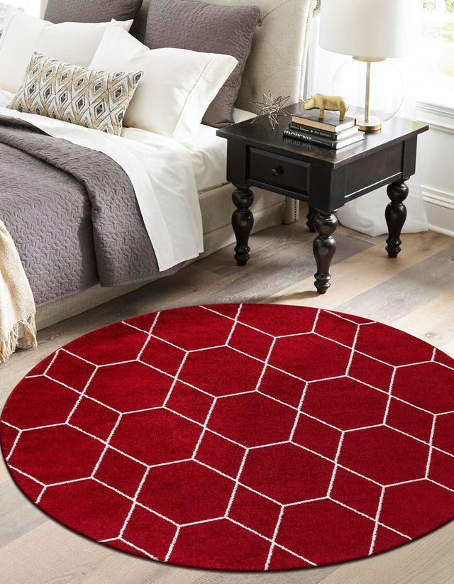Red 7' 10 x 7' 10 Trellis Frieze Round Area Rug Geometric Modern Unique Stain Resistant Easy Clean Carpet for Living, Dining, Bedrooms, Office for Sale at Rug Engine