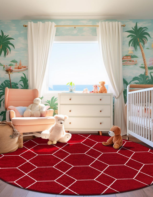 Red 5' 3 x 5' 3 Trellis Frieze Round Area Rug Geometric Modern Unique Stain Resistant Easy Clean Carpet for Living, Dining, Bedrooms, Office for Sale at Rug Engine