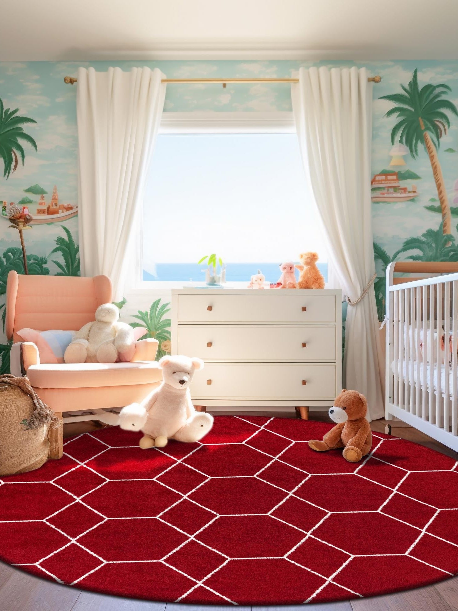 Red 4' 1 x 4' 1 Trellis Frieze Round Area Rug Geometric Modern Unique Stain Resistant Easy Clean Carpet for Living, Dining, Bedrooms, Office for Sale at Rug Engine