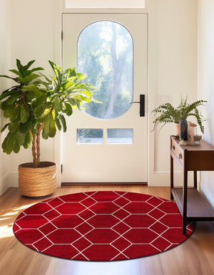 Red 7' 10 x 7' 10 Trellis Frieze Round Area Rug Geometric Modern Unique Stain Resistant Easy Clean Carpet for Living, Dining, Bedrooms, Office for Sale at Rug Engine