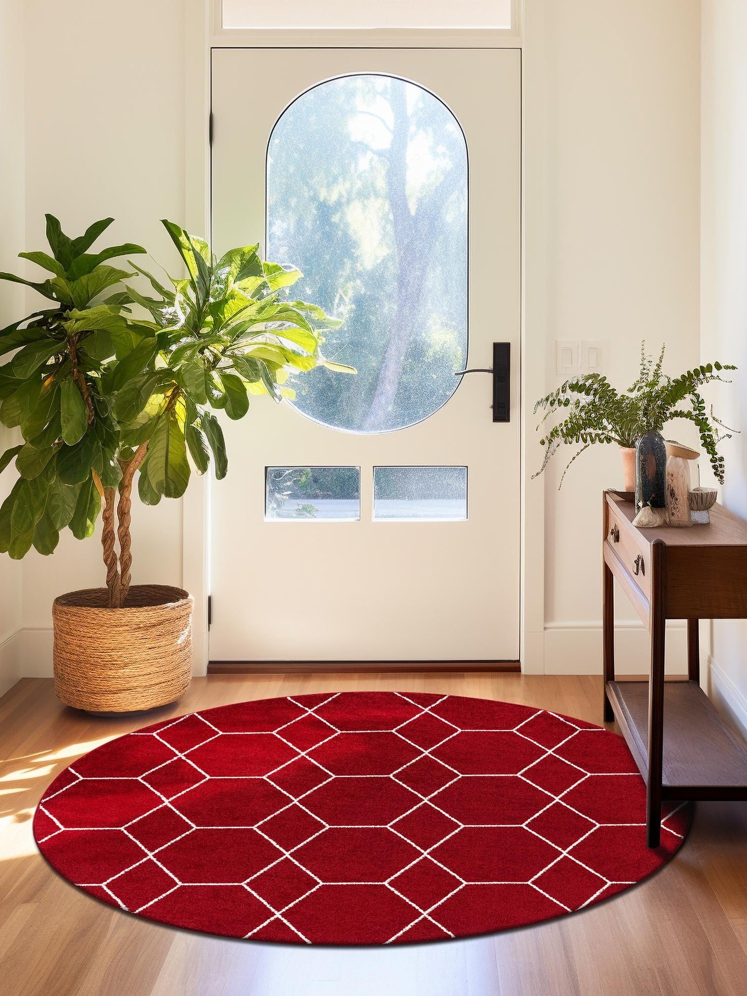 Red 4' 1 x 4' 1 Trellis Frieze Round Area Rug Geometric Modern Unique Stain Resistant Easy Clean Carpet for Living, Dining, Bedrooms, Office for Sale at Rug Engine