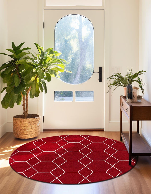 Red 4' 1 x 4' 1 Trellis Frieze Round Area Rug Geometric Modern Unique Stain Resistant Easy Clean Carpet for Living, Dining, Bedrooms, Office for Sale at Rug Engine