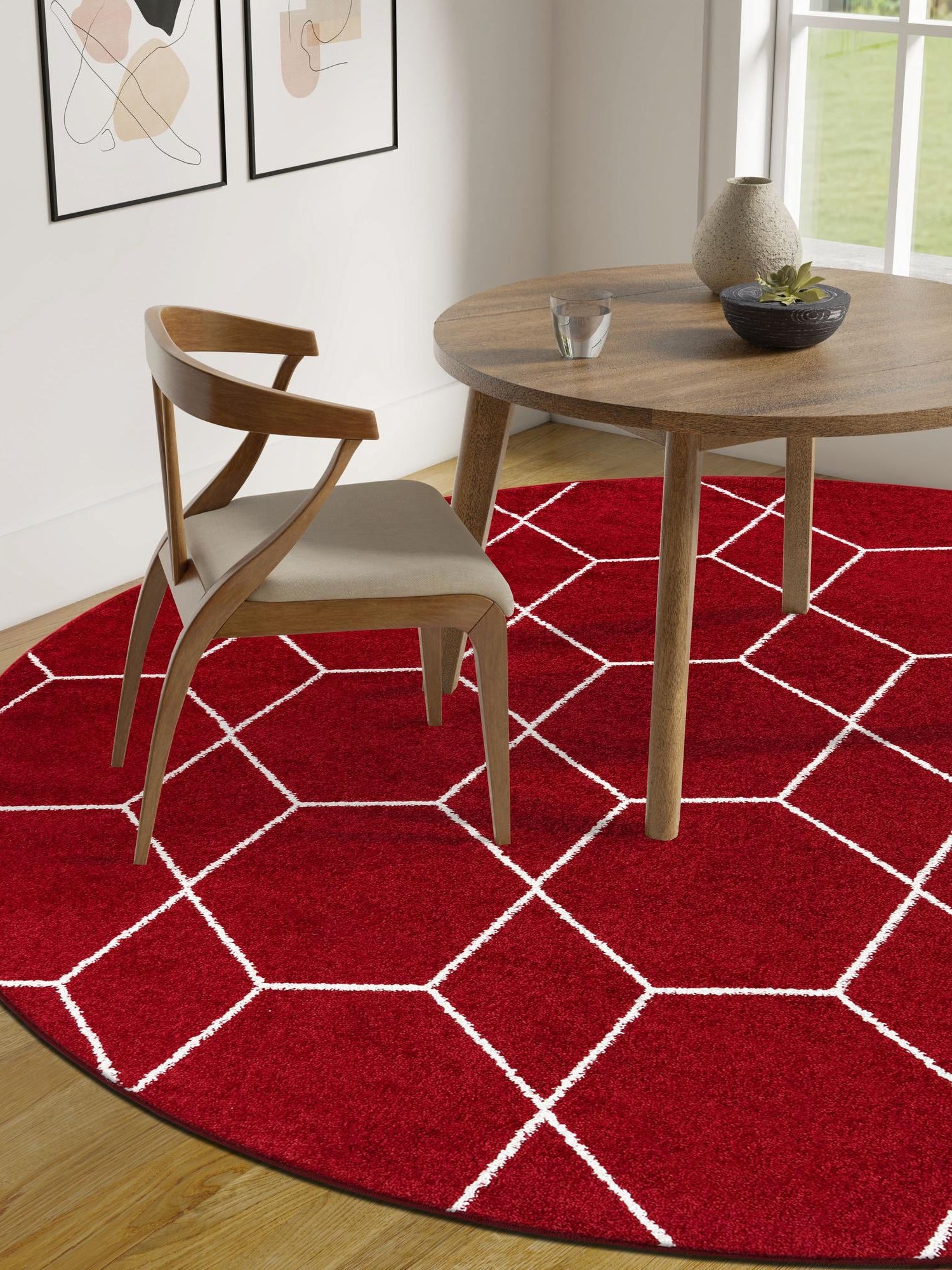 Red 4' 1 x 4' 1 Trellis Frieze Round Area Rug Geometric Modern Unique Stain Resistant Easy Clean Carpet for Living, Dining, Bedrooms, Office for Sale at Rug Engine