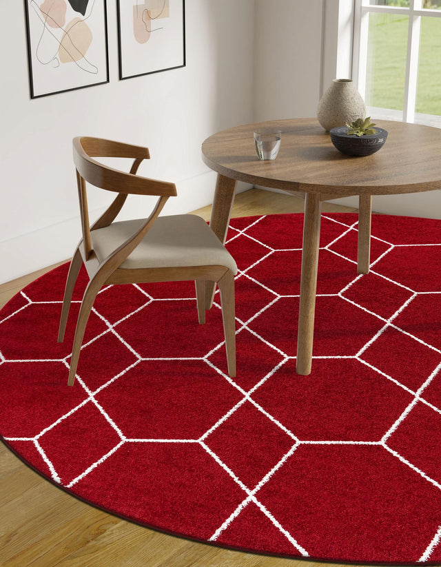 Red 7' 10 x 7' 10 Trellis Frieze Round Area Rug Geometric Modern Unique Stain Resistant Easy Clean Carpet for Living, Dining, Bedrooms, Office for Sale at Rug Engine