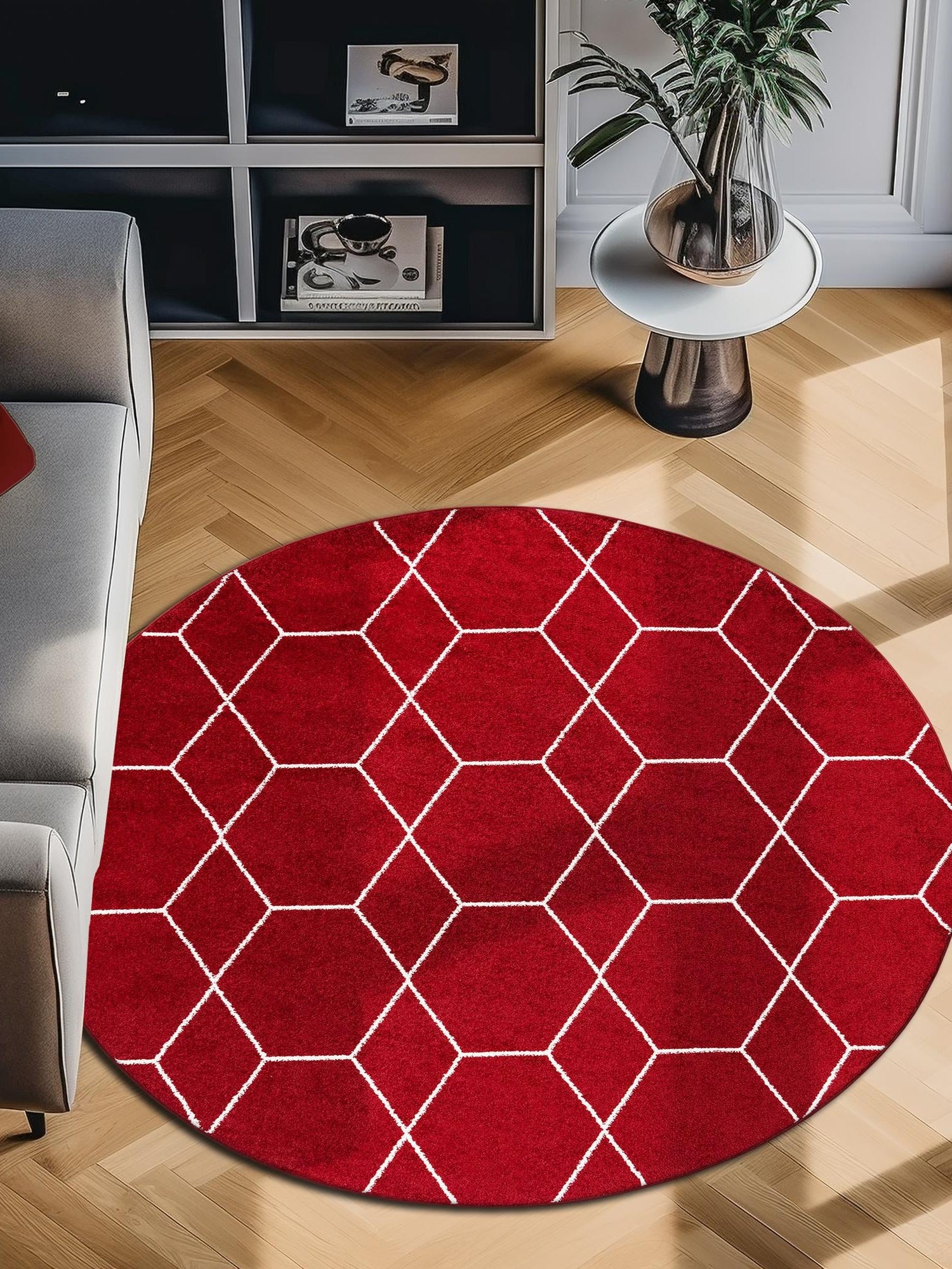 Red 4' 1 x 4' 1 Trellis Frieze Round Area Rug Geometric Modern Unique Stain Resistant Easy Clean Carpet for Living, Dining, Bedrooms, Office for Sale at Rug Engine