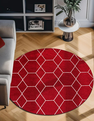 Red 7' 10 x 7' 10 Trellis Frieze Round Area Rug Geometric Modern Unique Stain Resistant Easy Clean Carpet for Living, Dining, Bedrooms, Office for Sale at Rug Engine
