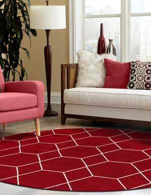 Red 4' 1 x 4' 1 Trellis Frieze Round Area Rug Geometric Modern Unique Stain Resistant Easy Clean Carpet for Living, Dining, Bedrooms, Office for Sale at Rug Engine