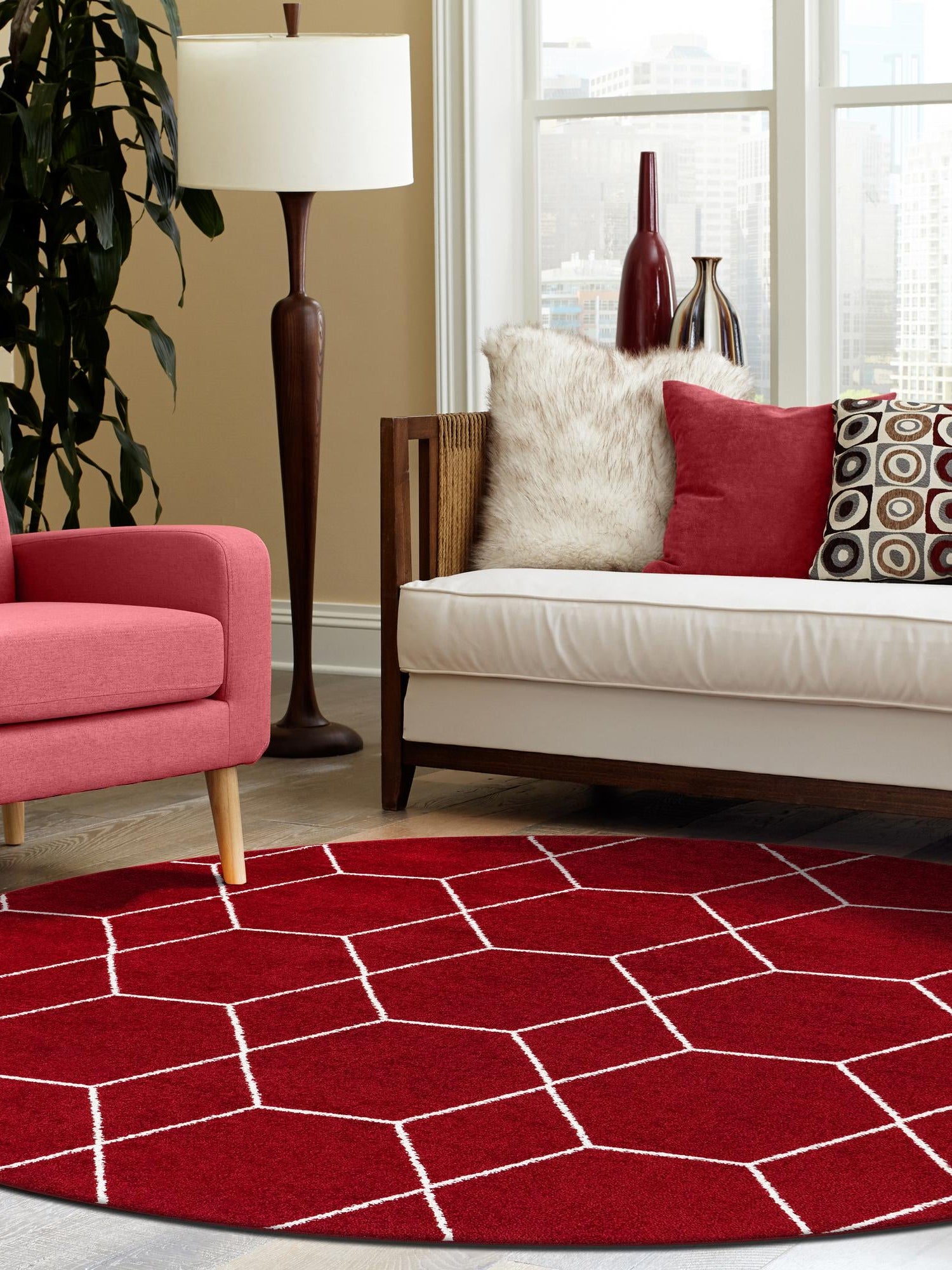 Red 7' 10 x 7' 10 Trellis Frieze Round Area Rug Geometric Modern Unique Stain Resistant Easy Clean Carpet for Living, Dining, Bedrooms, Office for Sale at Rug Engine