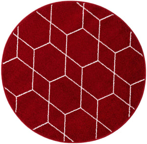 Red 4' 1 x 4' 1 Trellis Frieze Round Area Rug Geometric Modern Unique Stain Resistant Easy Clean Carpet for Living, Dining, Bedrooms, Office for Sale at Rug Engine