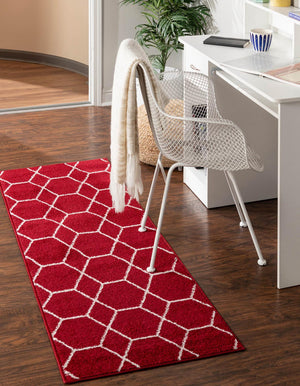 Red 2' x 9' Trellis Frieze Runner Area Rug Geometric Modern Unique Stain Resistant Easy Clean Carpet for Living, Dining, Bedrooms, Office for Sale at Rug Engine