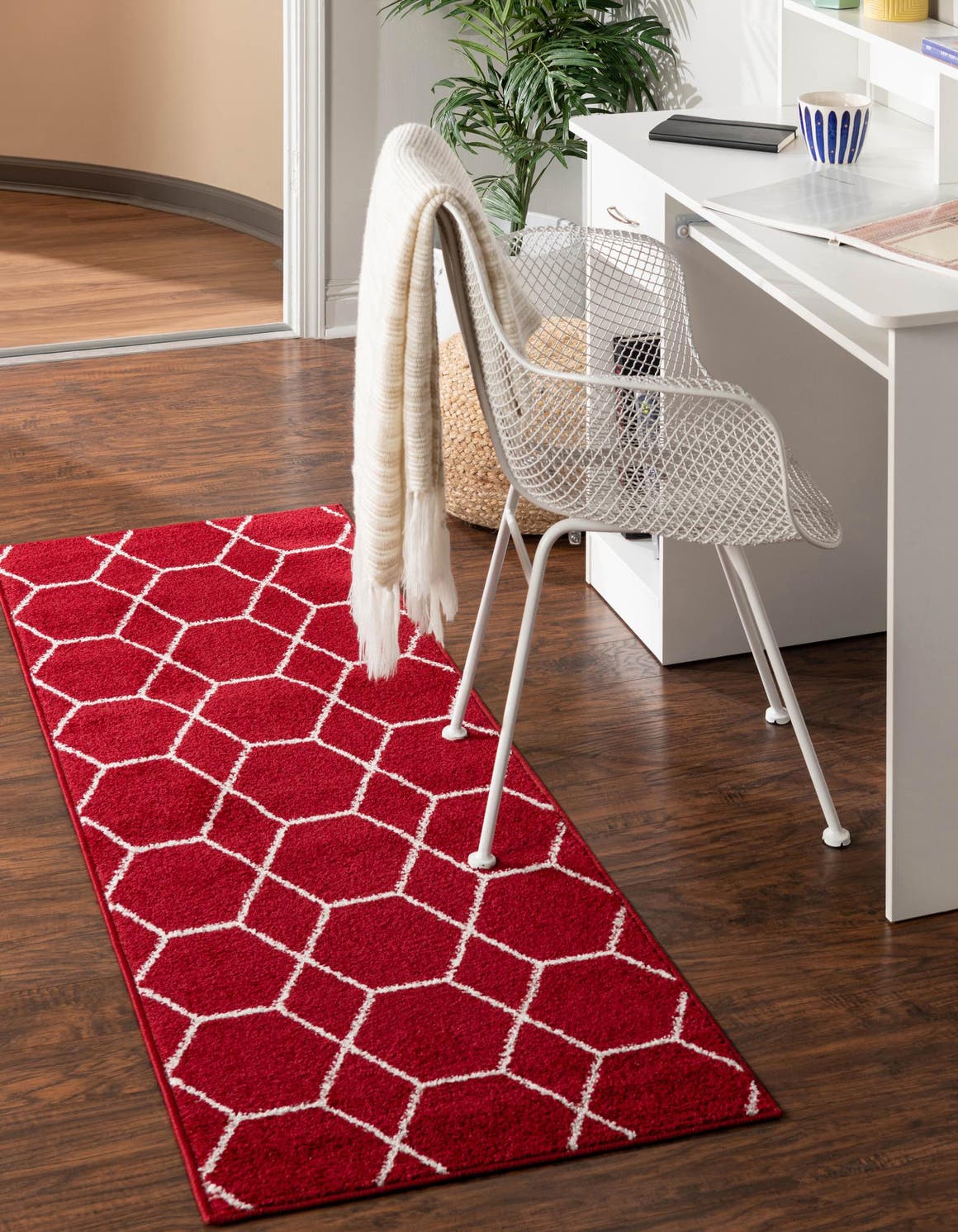 Red 2' x 6' 1 Trellis Frieze Runner Area Rug Geometric Modern Unique Stain Resistant Easy Clean Carpet for Living, Dining, Bedrooms, Office for Sale at Rug Engine