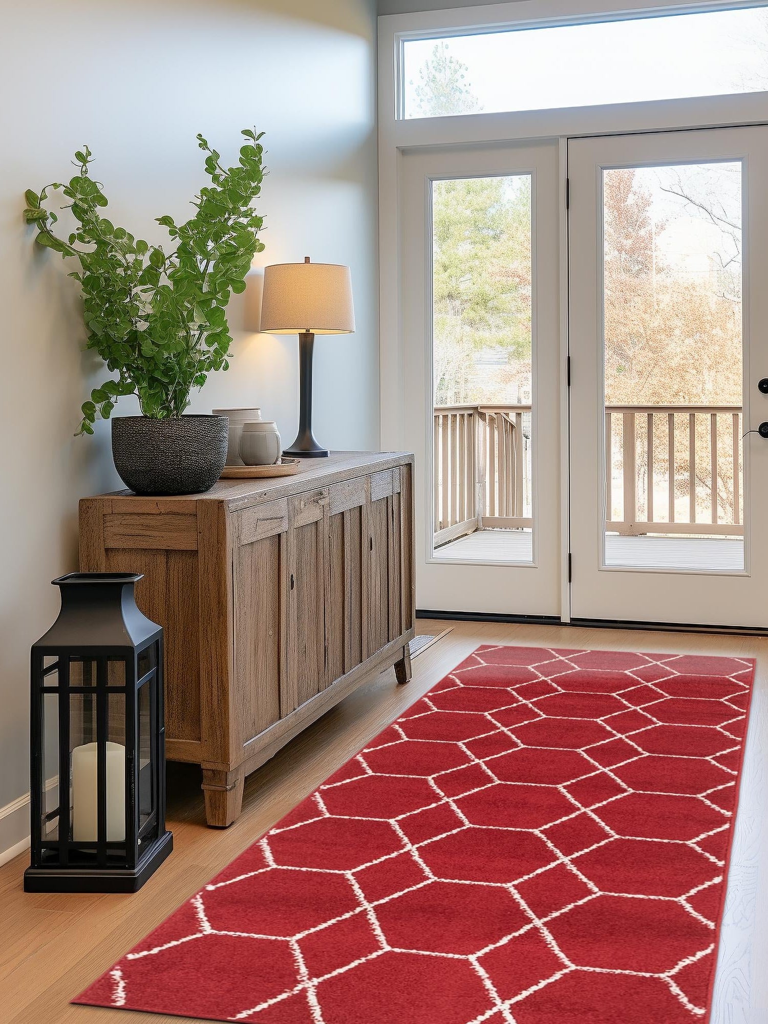 Red 2' 7 x 12' Trellis Frieze Runner Area Rug Geometric Modern Unique Stain Resistant Easy Clean Carpet for Living, Dining, Bedrooms, Office for Sale at Rug Engine