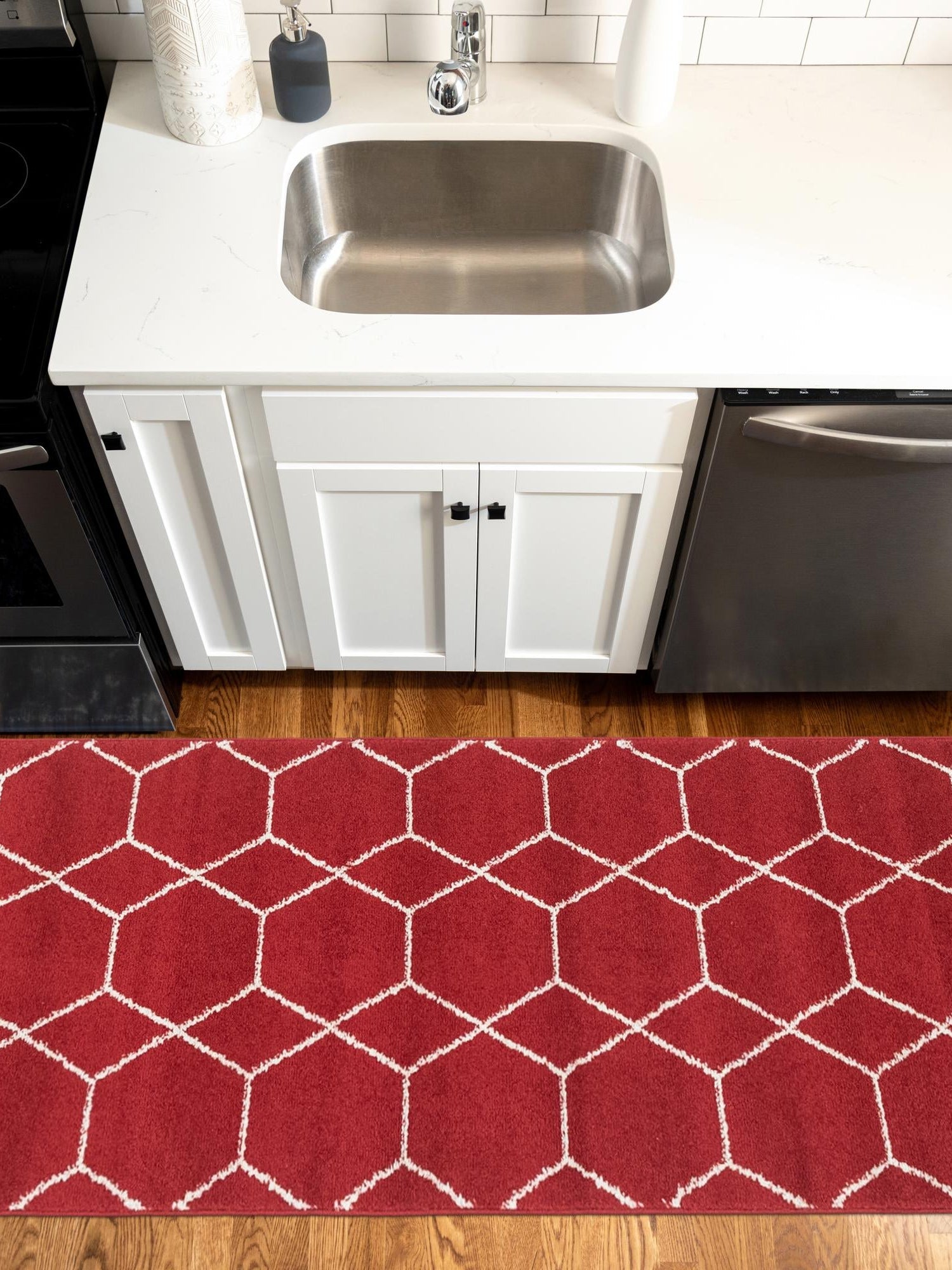 Red 2' x 9' Trellis Frieze Runner Area Rug Geometric Modern Unique Stain Resistant Easy Clean Carpet for Living, Dining, Bedrooms, Office for Sale at Rug Engine