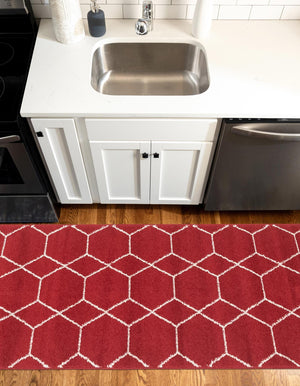 Red 2' x 9' Trellis Frieze Runner Area Rug Geometric Modern Unique Stain Resistant Easy Clean Carpet for Living, Dining, Bedrooms, Office for Sale at Rug Engine