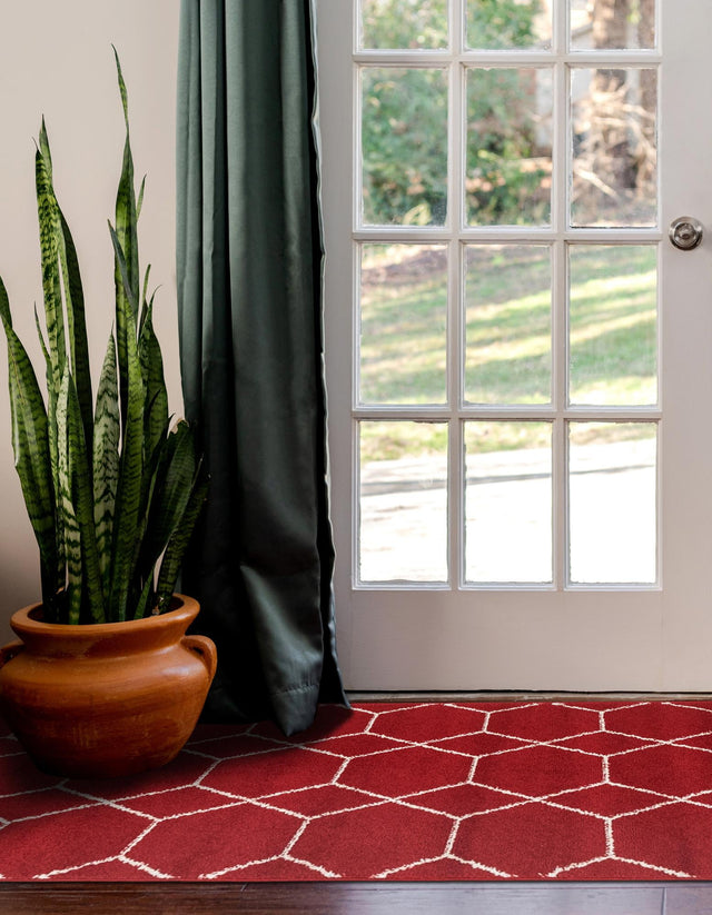 Red 2' x 9' Trellis Frieze Runner Area Rug Geometric Modern Unique Stain Resistant Easy Clean Carpet for Living, Dining, Bedrooms, Office for Sale at Rug Engine