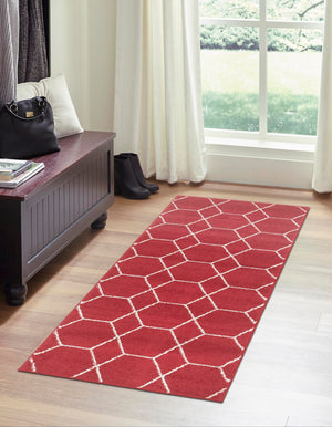 Red 2' x 9' Trellis Frieze Runner Area Rug Geometric Modern Unique Stain Resistant Easy Clean Carpet for Living, Dining, Bedrooms, Office for Sale at Rug Engine