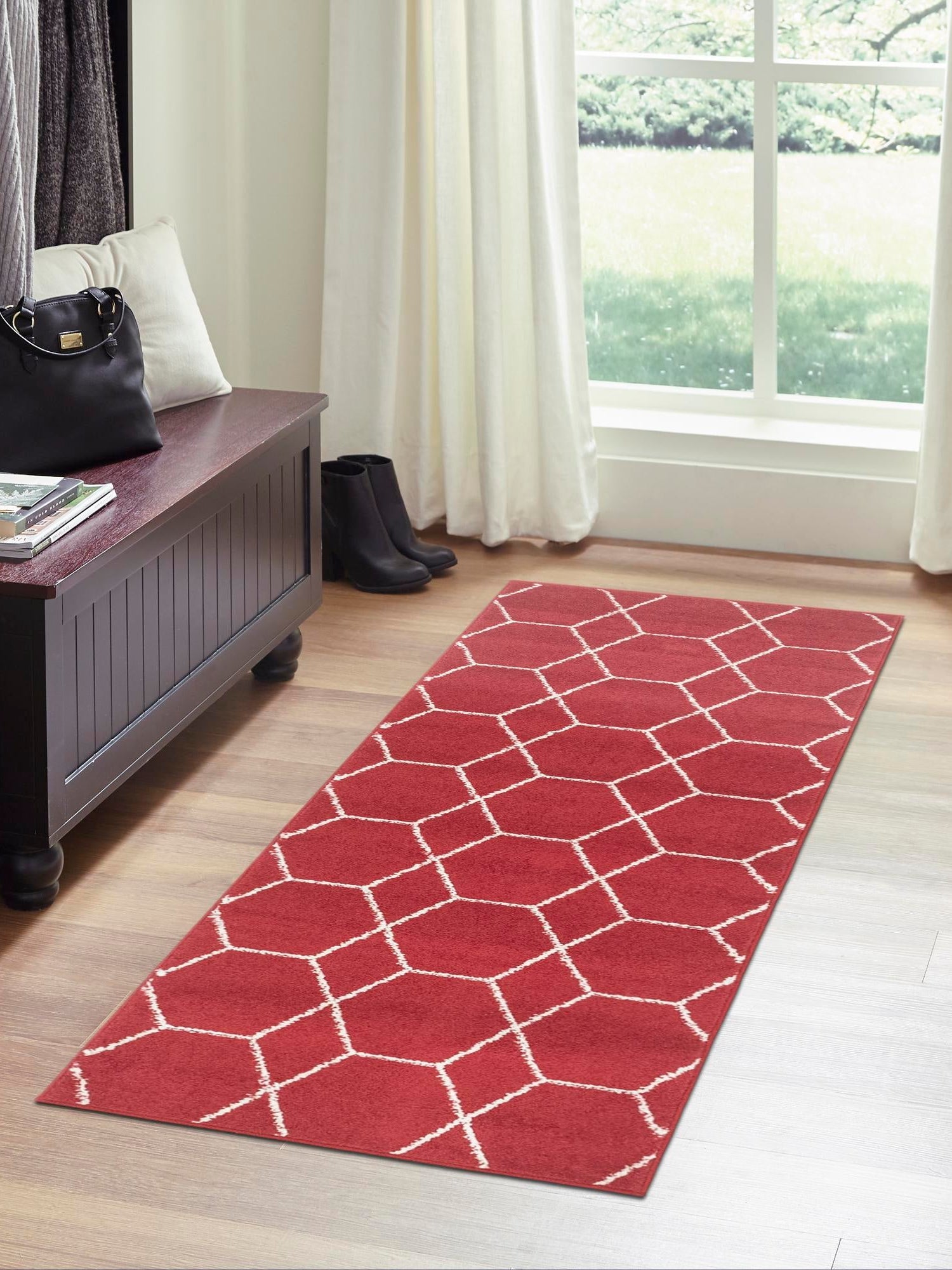 Red 2' 7 x 12' Trellis Frieze Runner Area Rug Geometric Modern Unique Stain Resistant Easy Clean Carpet for Living, Dining, Bedrooms, Office for Sale at Rug Engine
