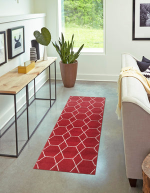 Red 2' x 6' 1 Trellis Frieze Runner Area Rug Geometric Modern Unique Stain Resistant Easy Clean Carpet for Living, Dining, Bedrooms, Office for Sale at Rug Engine