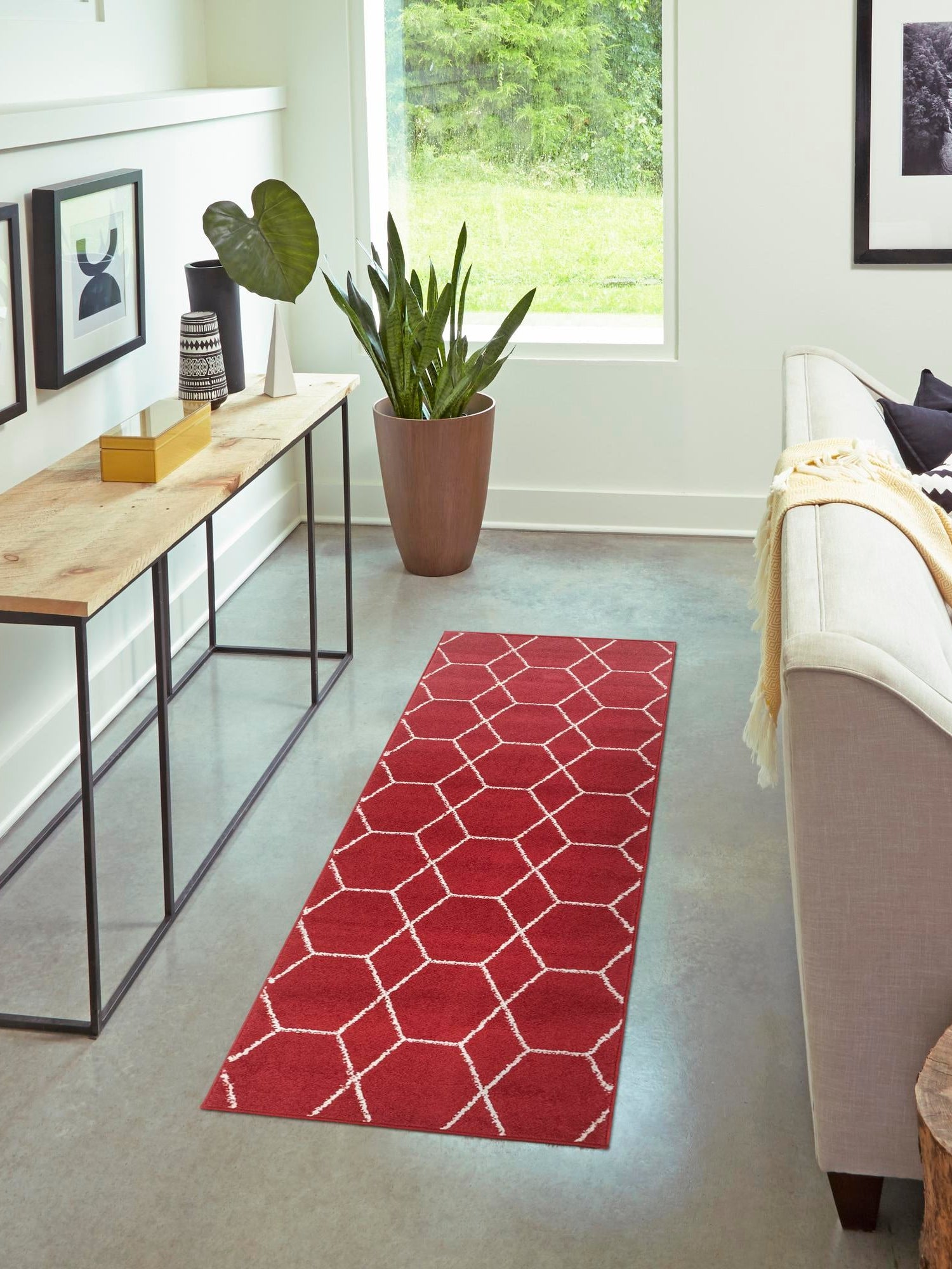Red 2' 7 x 12' Trellis Frieze Runner Area Rug Geometric Modern Unique Stain Resistant Easy Clean Carpet for Living, Dining, Bedrooms, Office for Sale at Rug Engine