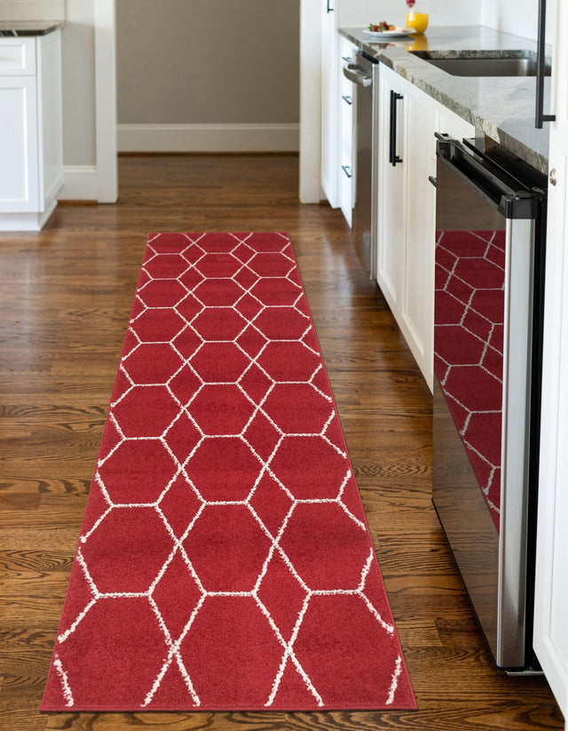 Red 2' x 6' 1 Trellis Frieze Runner Area Rug Geometric Modern Unique Stain Resistant Easy Clean Carpet for Living, Dining, Bedrooms, Office for Sale at Rug Engine