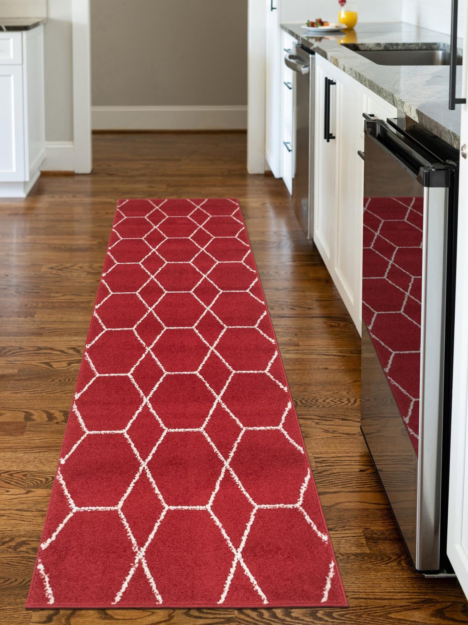 Red 2' x 9' Trellis Frieze Runner Area Rug Geometric Modern Unique Stain Resistant Easy Clean Carpet for Living, Dining, Bedrooms, Office for Sale at Rug Engine