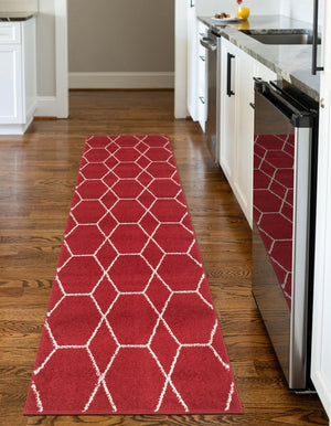 Red 2' x 9' Trellis Frieze Runner Area Rug Geometric Modern Unique Stain Resistant Easy Clean Carpet for Living, Dining, Bedrooms, Office for Sale at Rug Engine